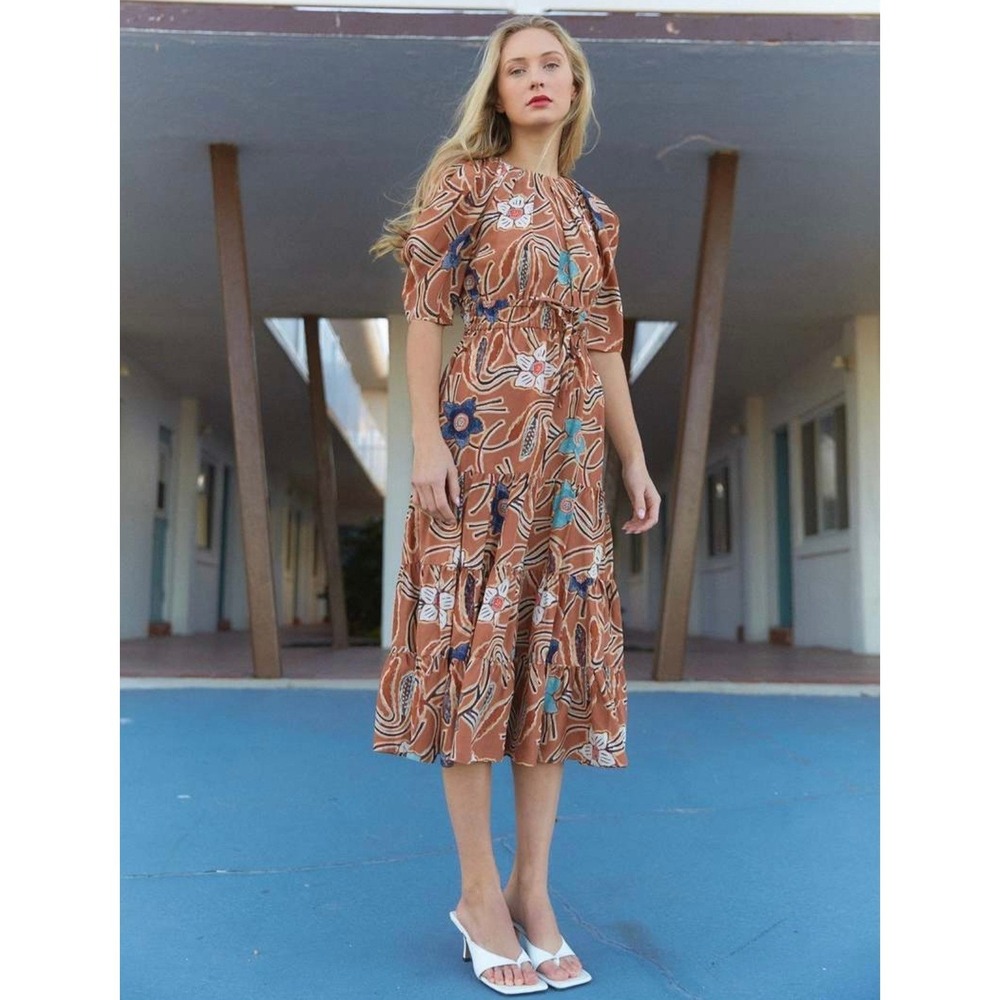 Ulla Johnson Zeenat Silk‎ Floral Batik Tiered Midi Dress Puff Sleeve Copper Sz 4 - Picture 4 of 12